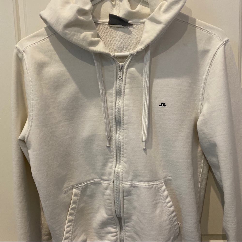 J. Lindeberg White Distressed Zip Up Hoodie Size M